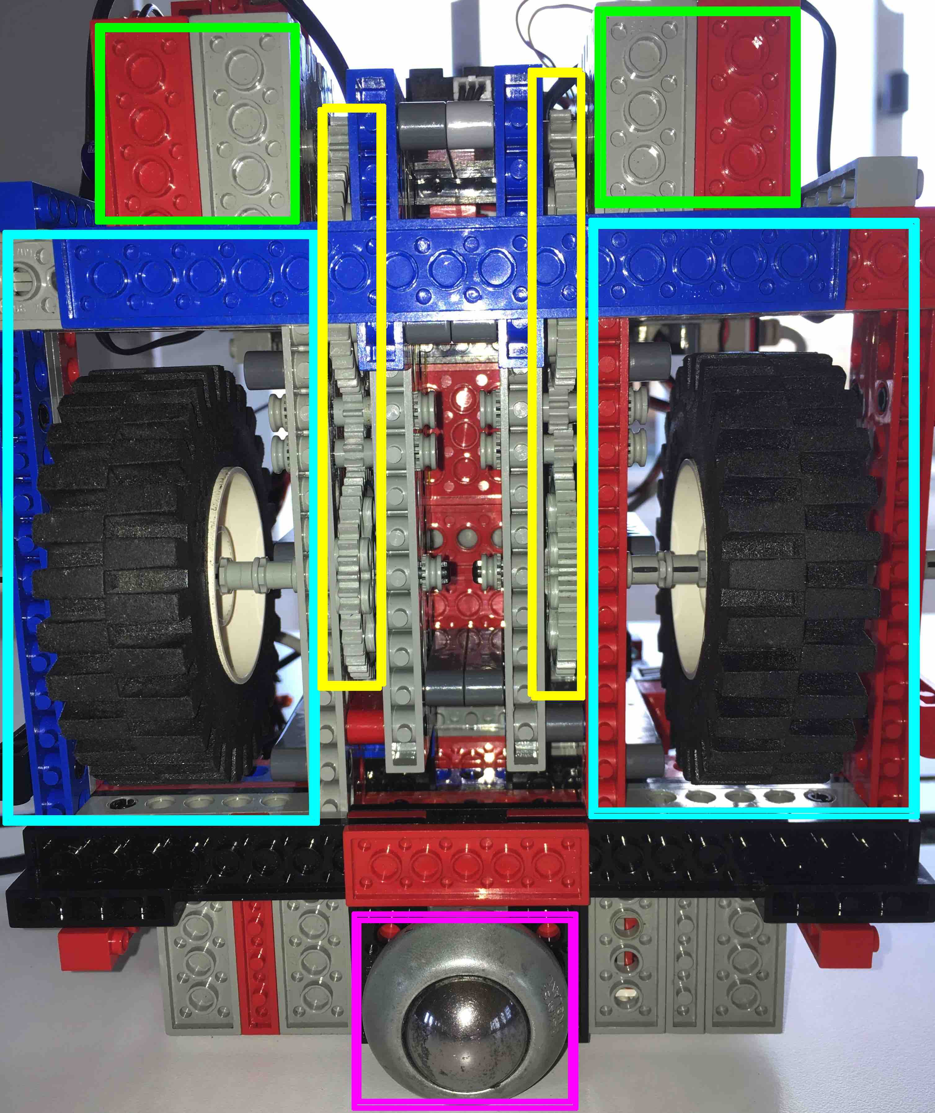 
      View of the robot from below, showing two wheels, gearchains, and a
      ball bearing.
    